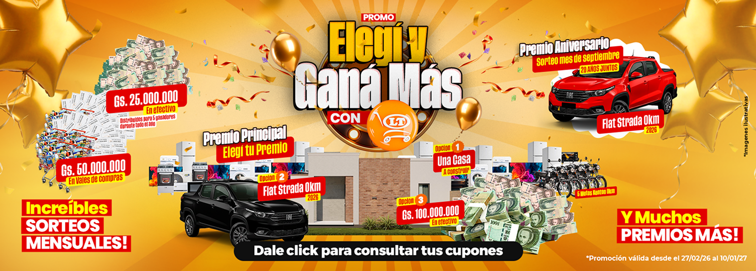 Elegí y ganá más con LT. Sorteos mensuales y premios. Consultá tus cupones.